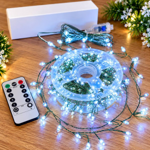 Світлодіодна гірлянда-мішура «Капля Роси» 20 м, 600 LED, холодне біле світло, зелений дріт, USB, пульт